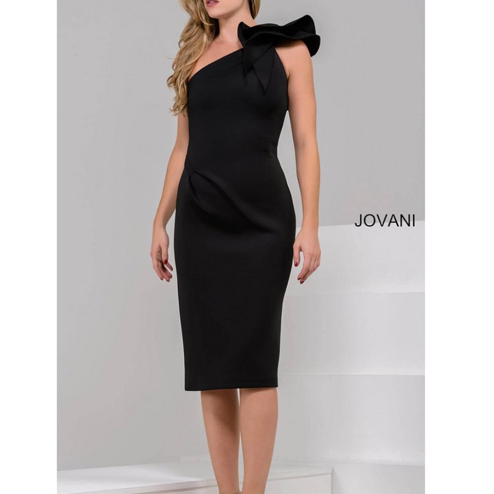Jovani 1-Shoulder Cocktail Dress/ Black/ Fitted Stretch Comfy/ Sz 12/ Stunning!